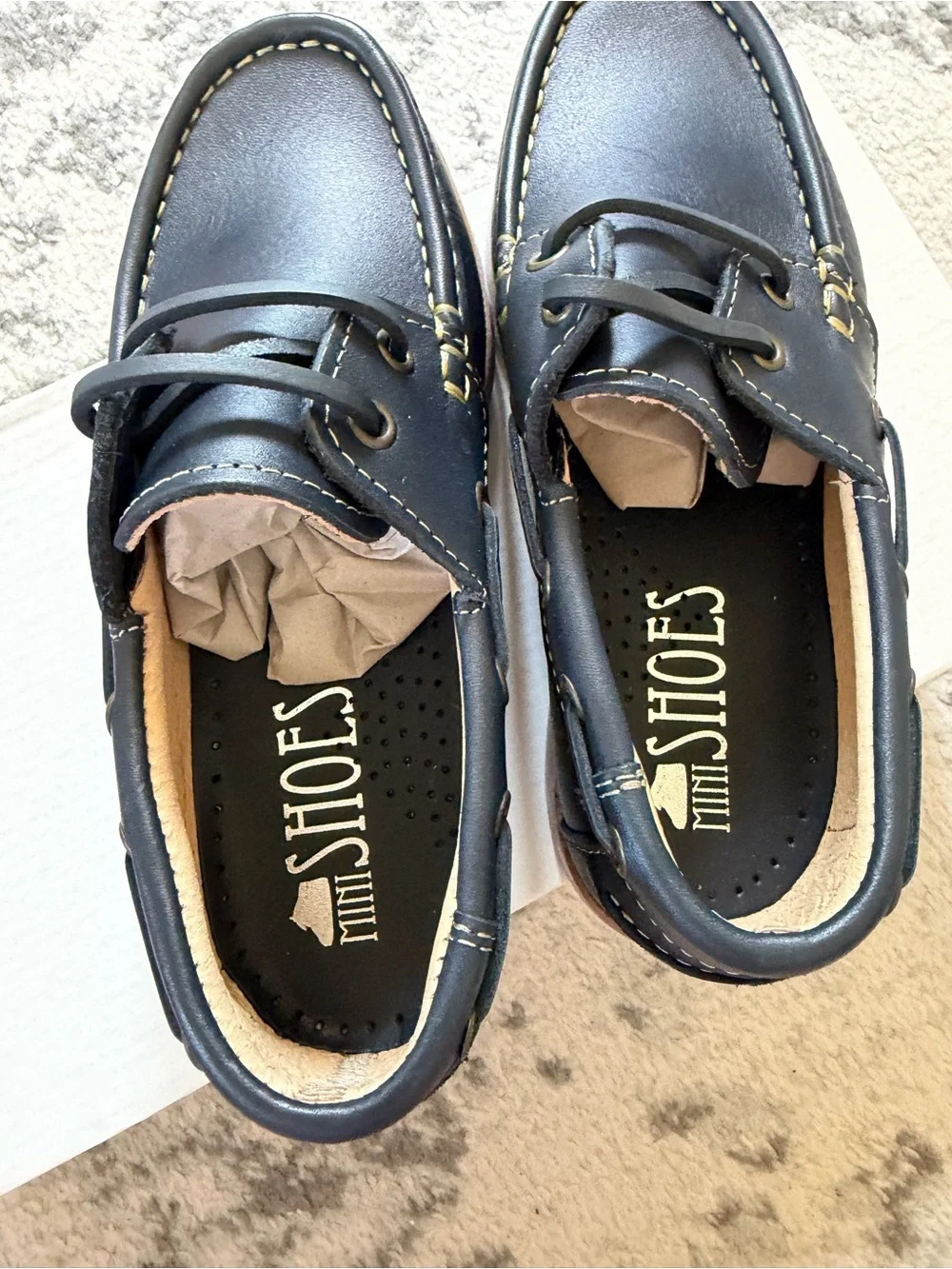 Kids Casual Boat Shoes in Navy with Tan Sole